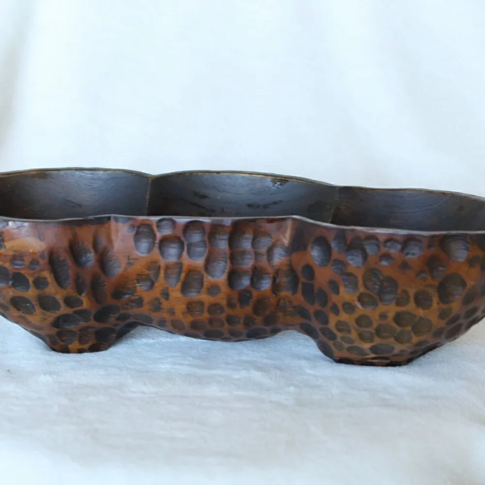 Vintage peanut shape fine wooden bowl carved animal print texture divided dish